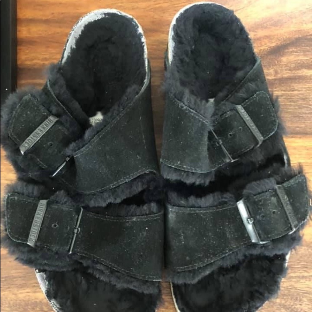 Fuzzy Black Birkenstock Slippers